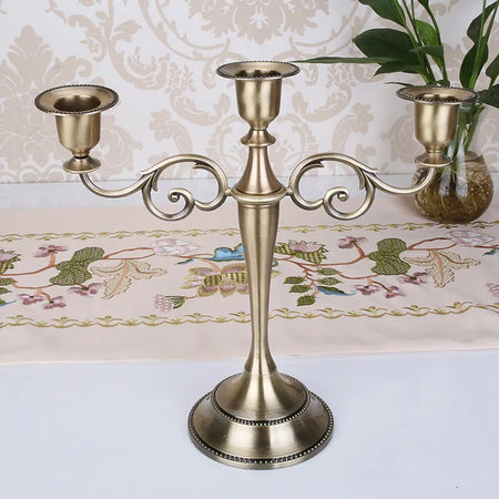 Metal Gold Bronze Plated Candle Holder Retro 3-Arms Candelabra For Wedding Prop Candlelight Dinner Hotel Home Decoration