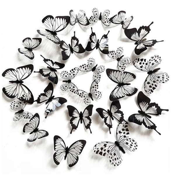 12/24 Pcs Black White 3D Butterfly Wall Sticker Wedding Decoration Bedroom Living Room Home Decor Butterflies Decals Stickers